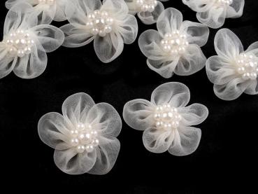 Organza Blüte mit Perlen Ø 30 mm Vanille